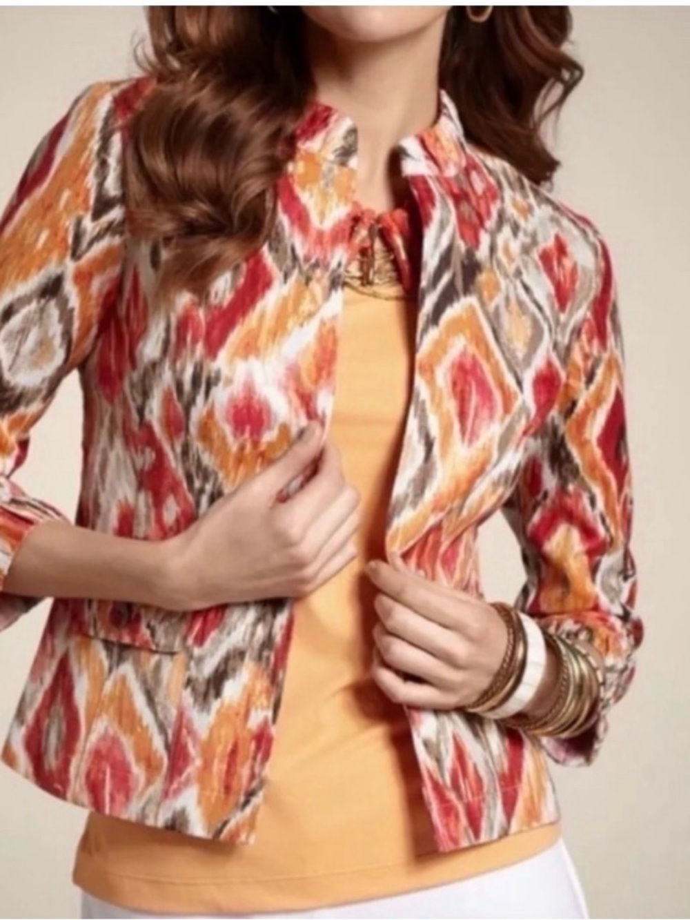 Chico's Ikat Print Open-Front Jacket - Red,‎ Cream, Brown Large